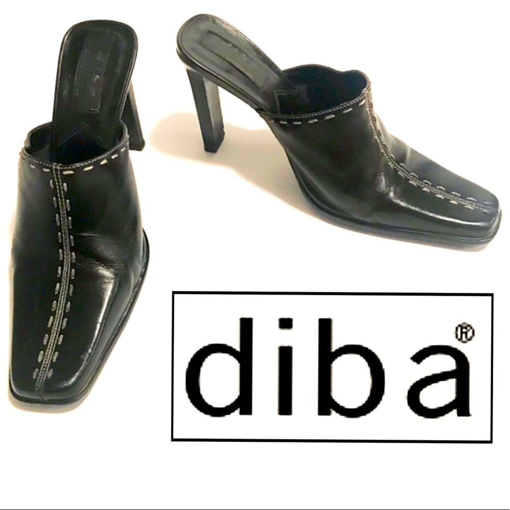 Diba, Black Leather & White Stitched, Heeled Mules